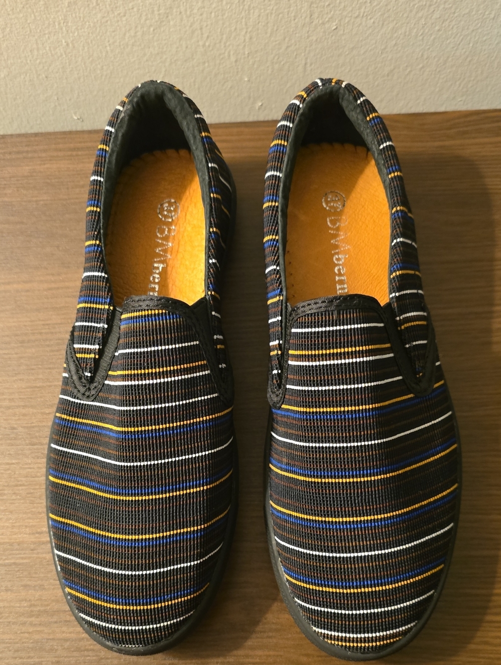 NWOT Black Slip-On Loafers with Blue & Yellow Stripe Detail